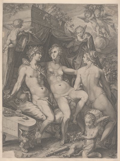 Venus sitzt auf einem Bett zwischen Bacchus und Ceres, 1600 von Jan Saenredam